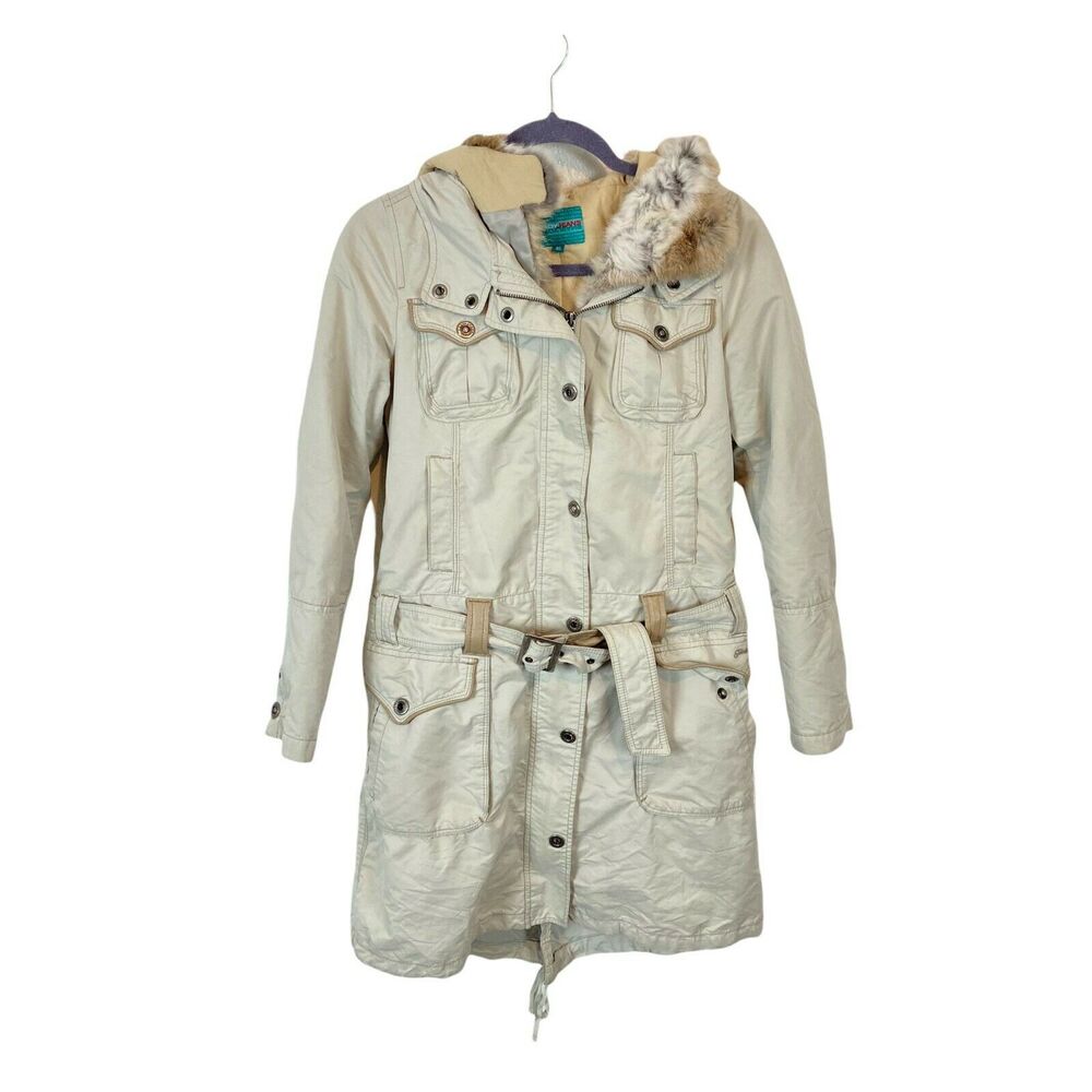 Trench Coat Vintage Tomboy Jeans Womens Beige 90s Fur Trim Knee Length Size XS/S